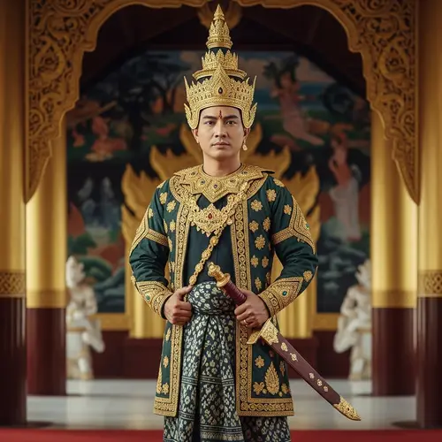 Majestic Burmese Ruler in Traditional Royal Attire