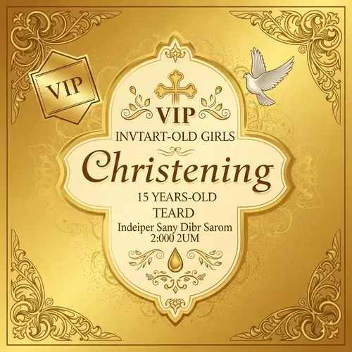 VIP Christening Invitation Card in Gold Design for 15-Year-Old Girl