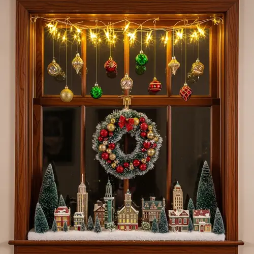 Christmas Window Decor: Snowy Cityscape & Glass Ornaments