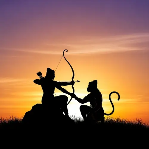 Mythological Archer Deity and Monkey Spirit at Sunset | Modern Indian Art