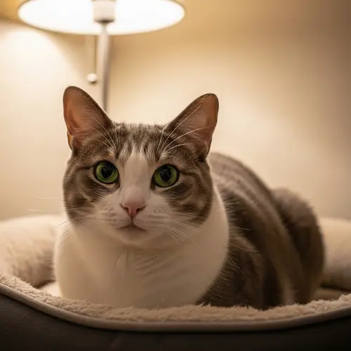 Plump Grey and White Cat in Cozy Bed | Green Eyes and Pink Nose