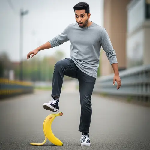 Comical South Asian Man Slipping on Banana Peel