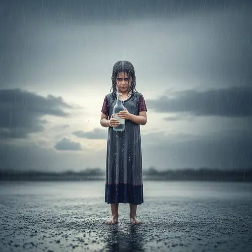 Brave Middle-Eastern Girl in Heavy Rain Shower