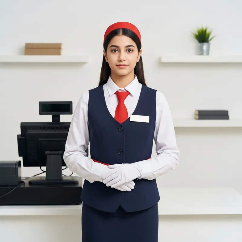 16-Year-Old Cashier in Special Uniform | Full-Length Standing Pose