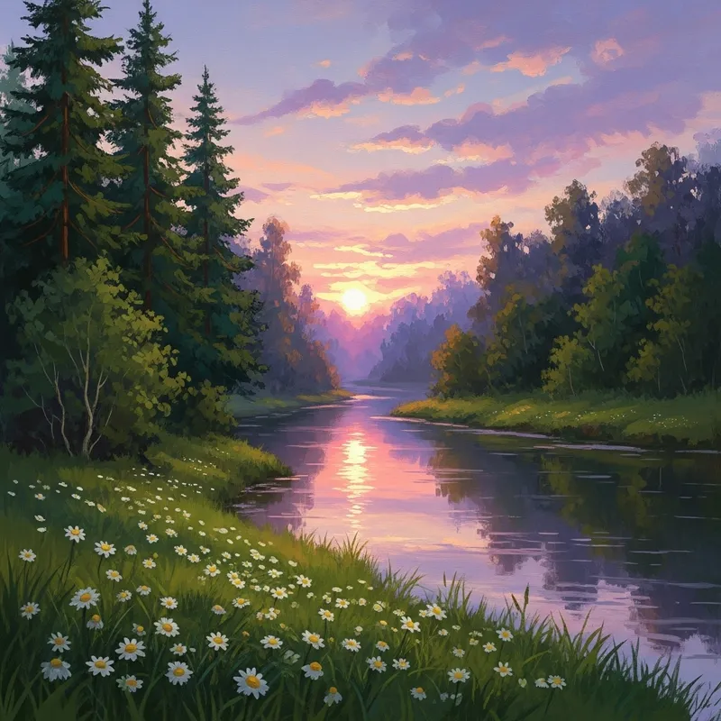 Tranquil River Serenade: Enchanting Sunset Nature Scene