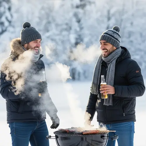 Winter Barbecue: Two Men Grilling in Snowy Landscape