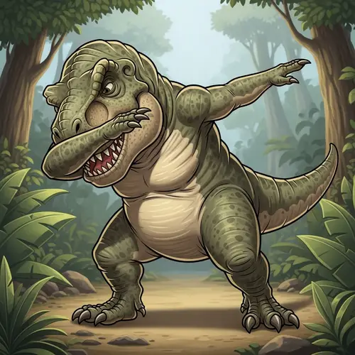 Cartoonish T-Rex Dinosaur Performing Dabbing Motion