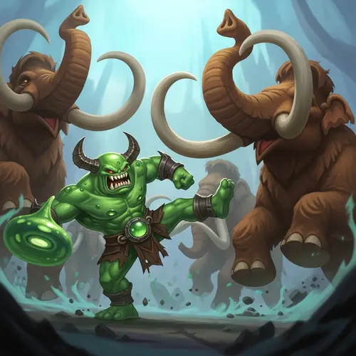 Mystical Slime Creature Battles Mammoths in Enchanted Realm