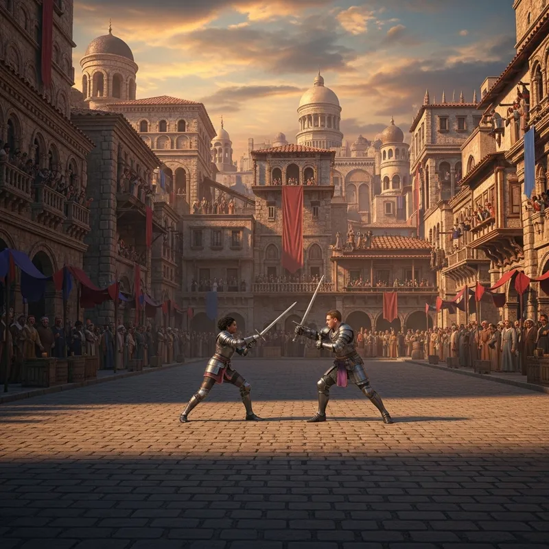 Medieval Battle Plaza - Epic Sword Combat Scene Medieval Battle Plaza - Epic Sword Combat Scene