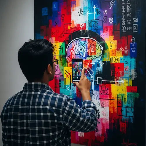 South Asian Viewer Decoding Vibrant Abstract Image