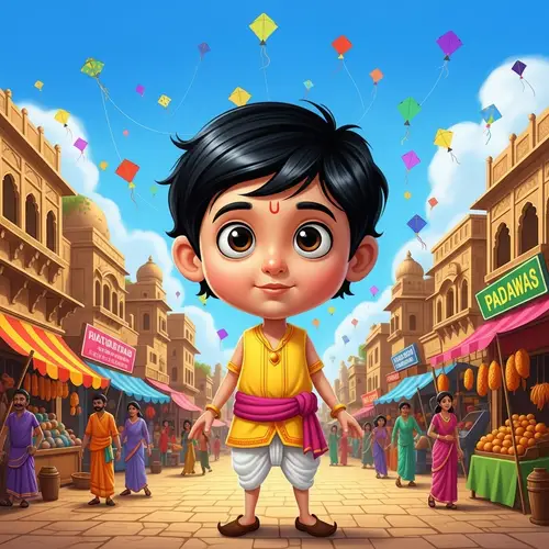 Young Indian Boy Cartoon Illustration | Vibrant Indian Town Scene