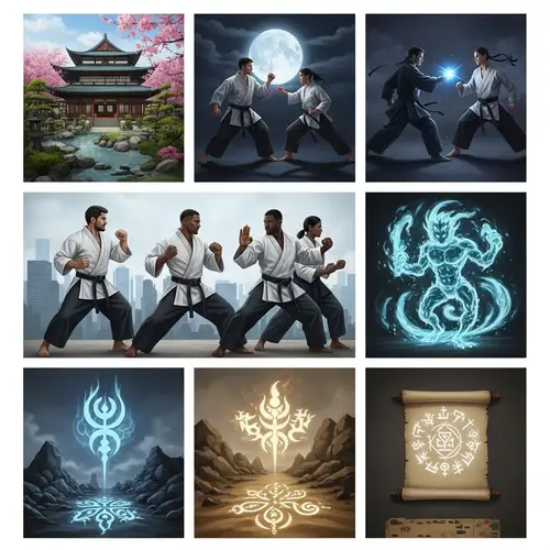 Mystical Martial Arts Illustrations: Serene Dojo, Duel, Diverse Group, Elemental Creature, Magical Symbols