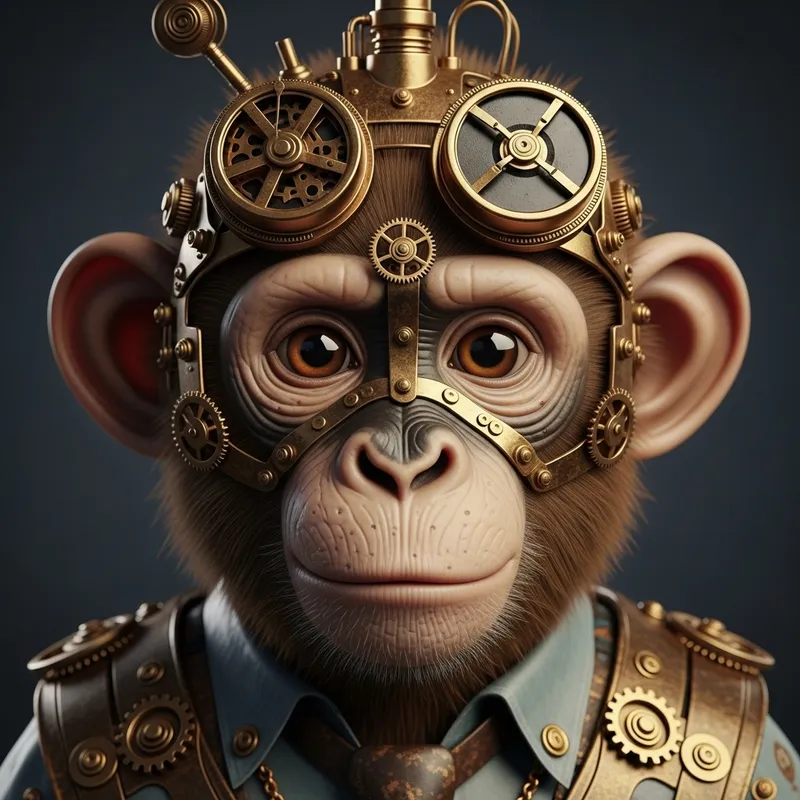 Playful Steampunk Monkey with Expressive Eyes and Intricate Gears