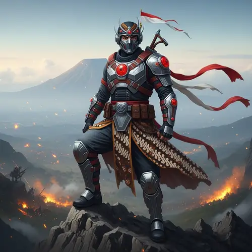 Indonesian Hero in High-Tech Batik Attire | Mountain Victory Scene