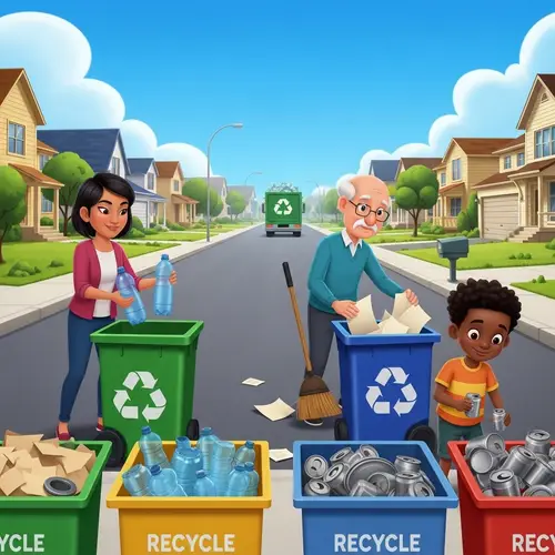 Diverse Recycle Day Activities on Sunny Suburban Street