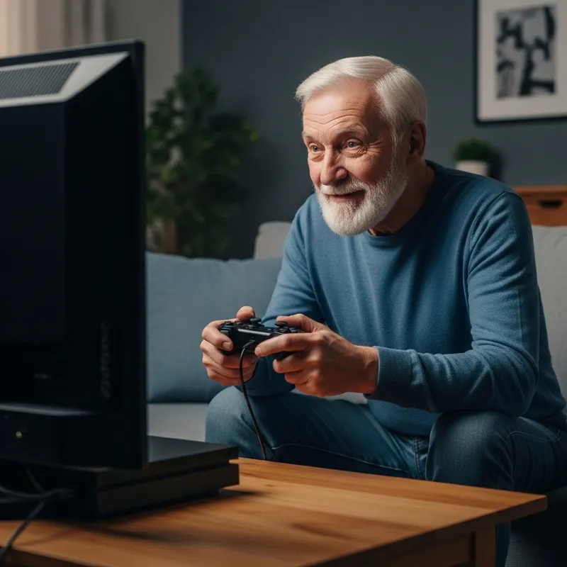 Elderly Man Engrossed in Gaming Adventure | Console Gameplay