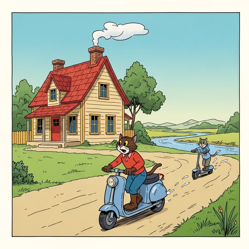 Vintage Cartoon House by River with Multicolored Cat on Scooter