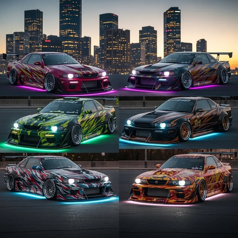 Tuned Cars Display in City with Vibrant Paint Jobs Tuned Cars Display in City with Vibrant Paint Jobs