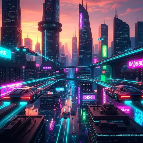 Futuristic Cityscape at Sunset - Cyberpunk Skyscrapers & Flying Cars