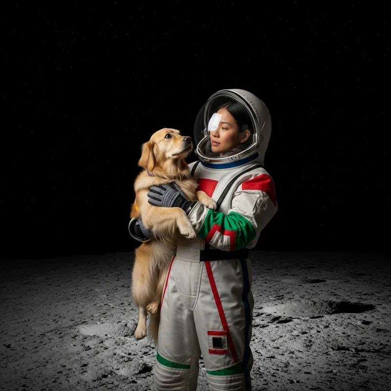 Woman Holding Dog on Moon