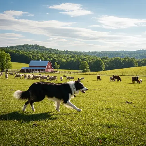 Countryside Scene with Border Collie Dog and Farm Animals