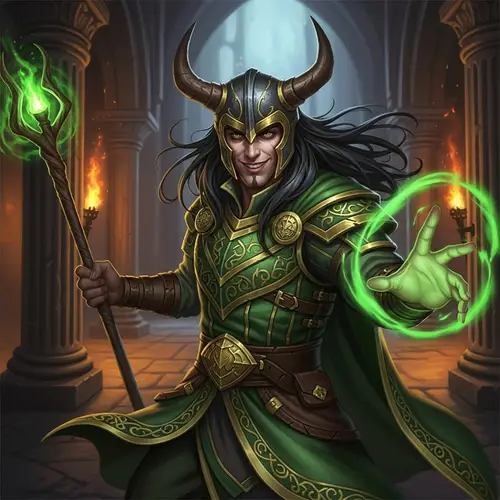 Mystical Trickster in Green & Gold Costume Casting a Magical Spell