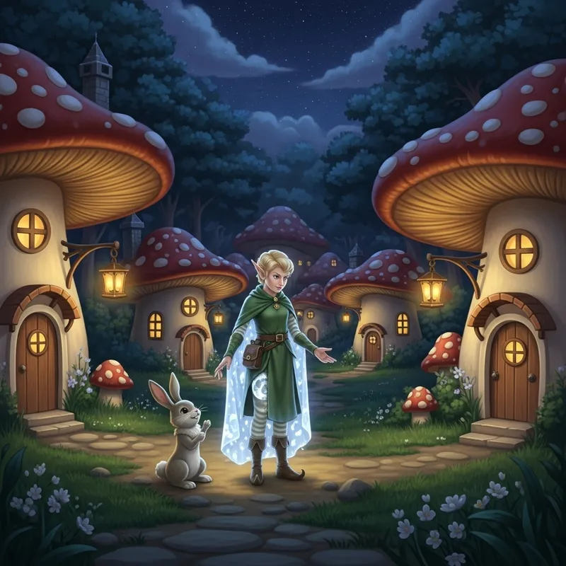 Magical Mushroom Village: Enchanting Nighttime Scene with Elf and Bunny