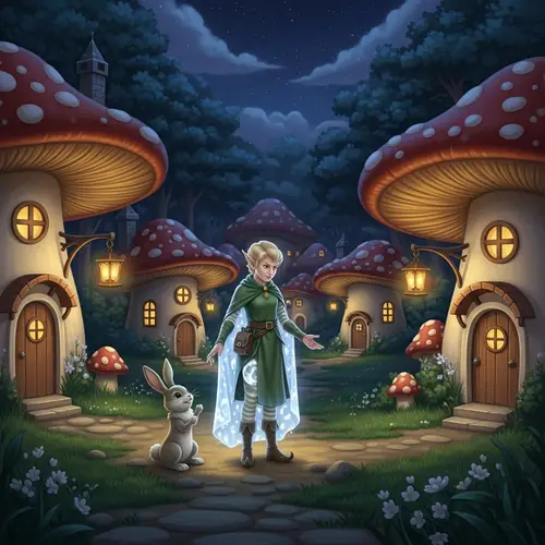 Enchanting Mushroom Village: Mystical Evening Scene with Elf and Bunny