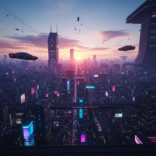 Futuristic Cyberpunk Cityscape at Sunset | Thriving Metropolis