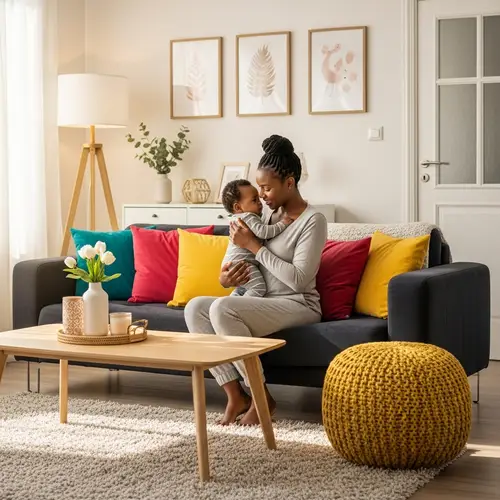 Heartwarming Moment: African Woman with Infant on Plush Couch