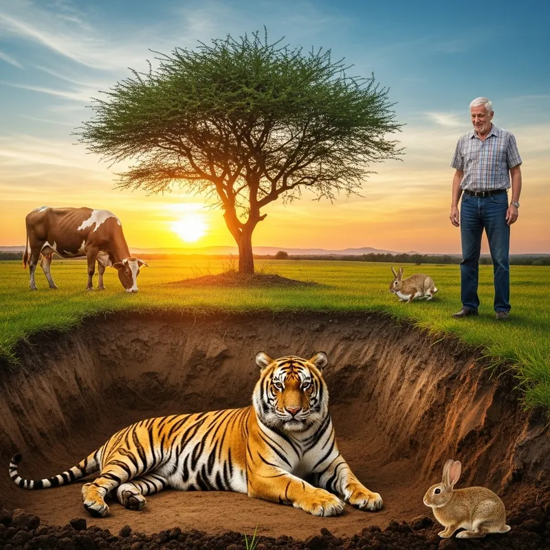 Man and Wildlife Encounter - Tiger, Cow, Rabbit, Tree Man and Wildlife Encounter - Tiger, Cow, Rabbit, Tree