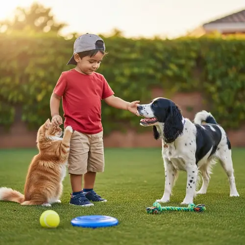 Joyful Hispanic Child Playing with Cat and Dog in Backyard