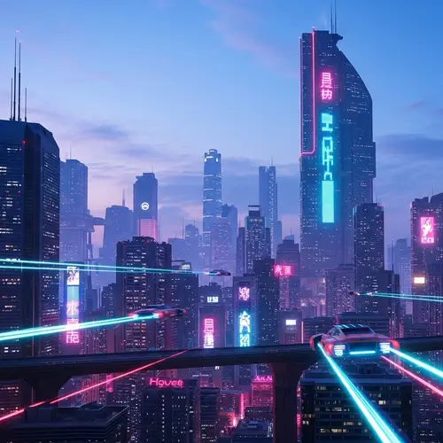 Futuristic City Twilight Sky - Neon Lights & Flying Cars
