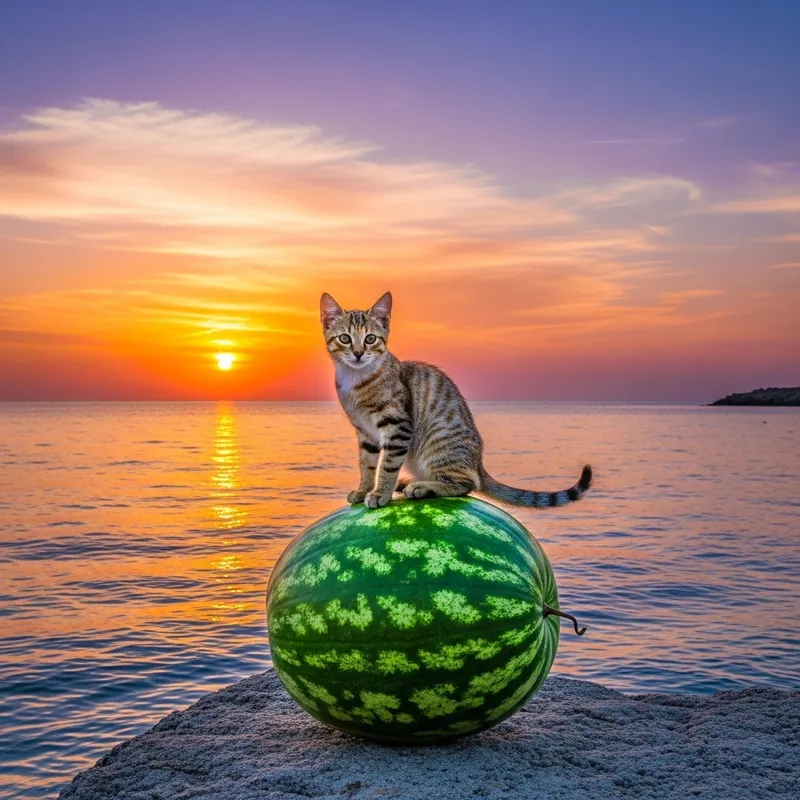 Cat on Watermelon at Sunset | Beautiful Seascape View
