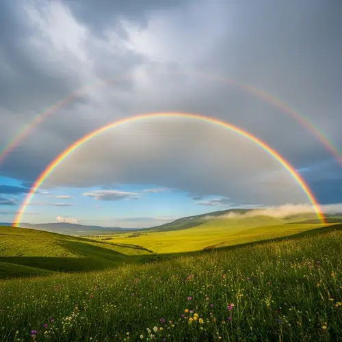 Tranquil Rainbow Landscape with Verdant Meadows and Misty Hills