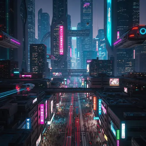 Futuristic Metropolis: Neon Illuminations & High-Rise Cityscape