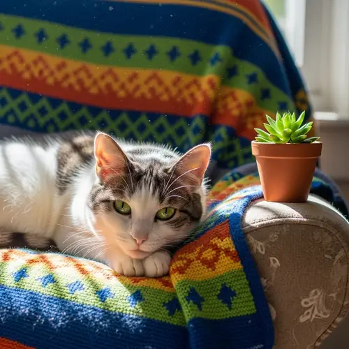 Cute Domestic Cat Resting on Colorful Blanket with Tiny Plant
