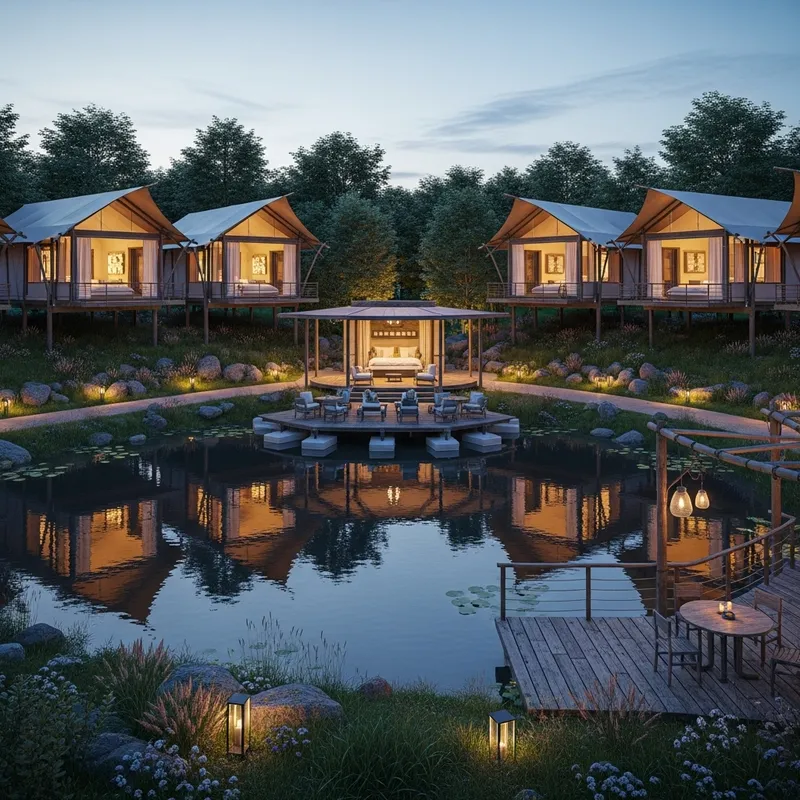 Enchanting Glamping Resort with Spectacular Pond Views | Rustic Elegance & Nature Harmony