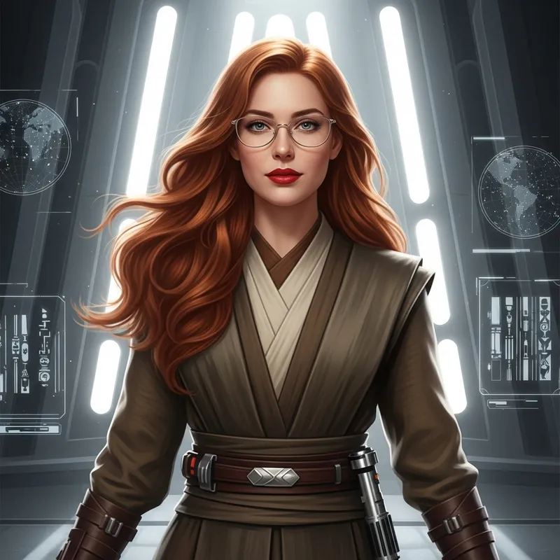 Red-Haired Female Jedi with Glasses and Crimson Lips
