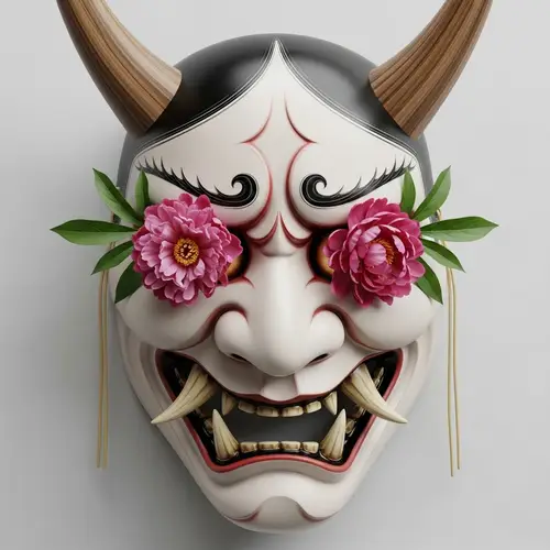 Japanese Demon Hannya Mask with Peony Eyes