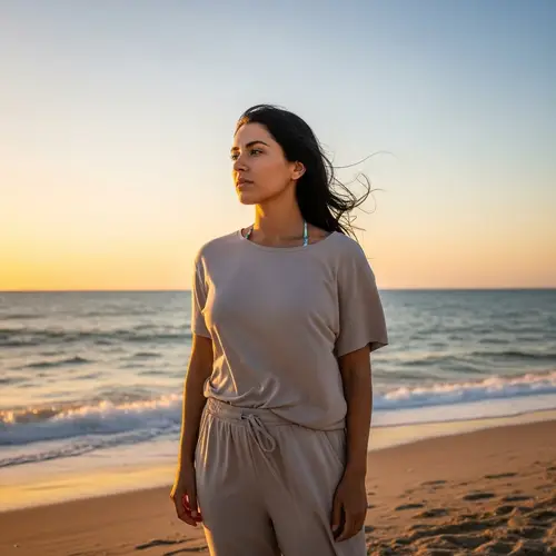 Serene Sunset Scene: Hispanic Woman by the Sea