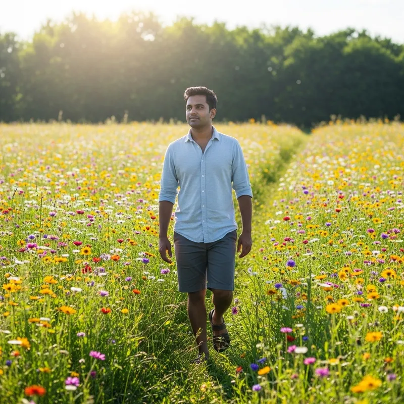 Peaceful Flower Meadow Stroll: South Asian Man | Nature Beauty