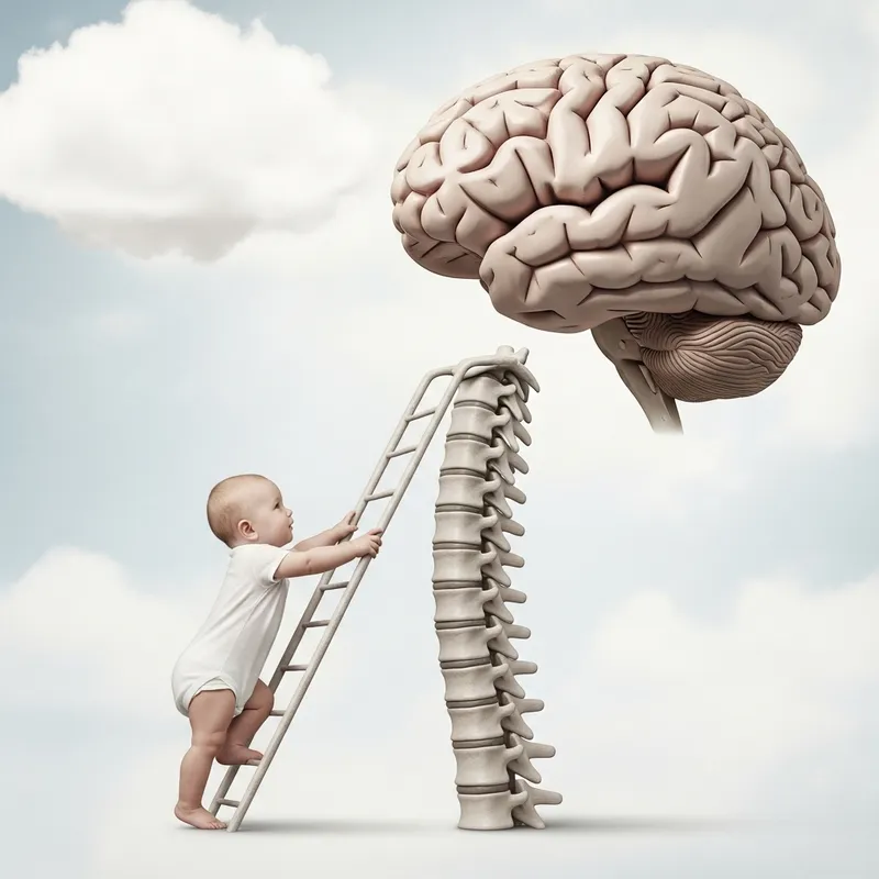 Baby Climbing Spinal Cord Ladder to Brain | Surreal Illustration