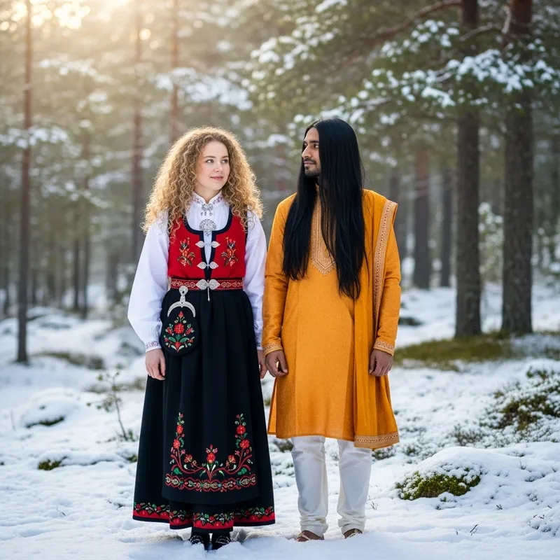Scandinavian Girl and Man in Snowy Landscape