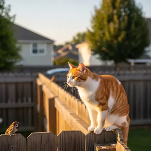 Graceful Domestic Short-Haired Cat on Backyard Fence