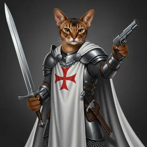 Majestic Abyssinian Cat Warrior in Templar Attire | Feline Fantasy Art