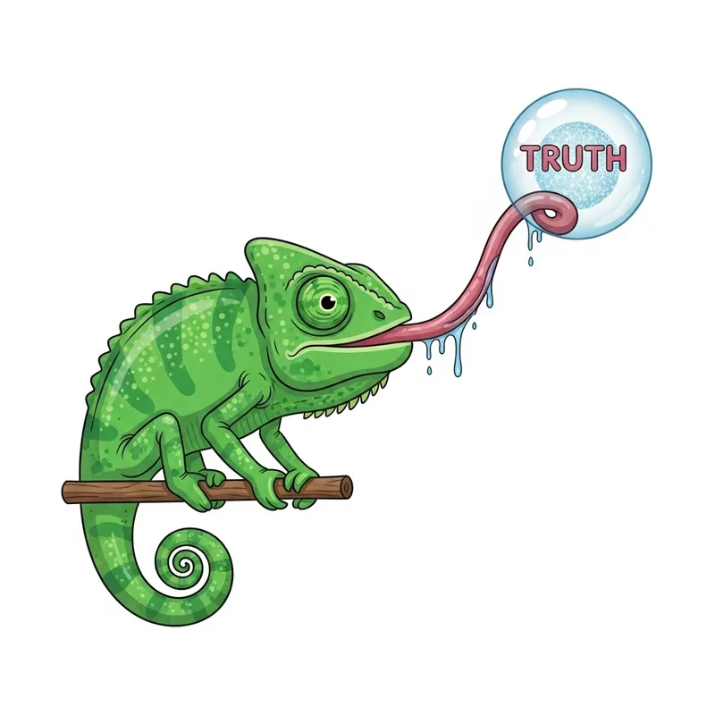 Green Chameleon Catching Truth - Cartoon Style Illustration