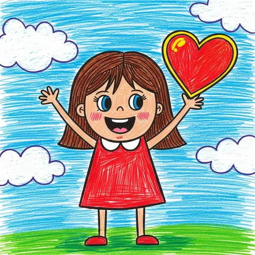 Exaggerated Proportion Little Girl with Heart Drawing