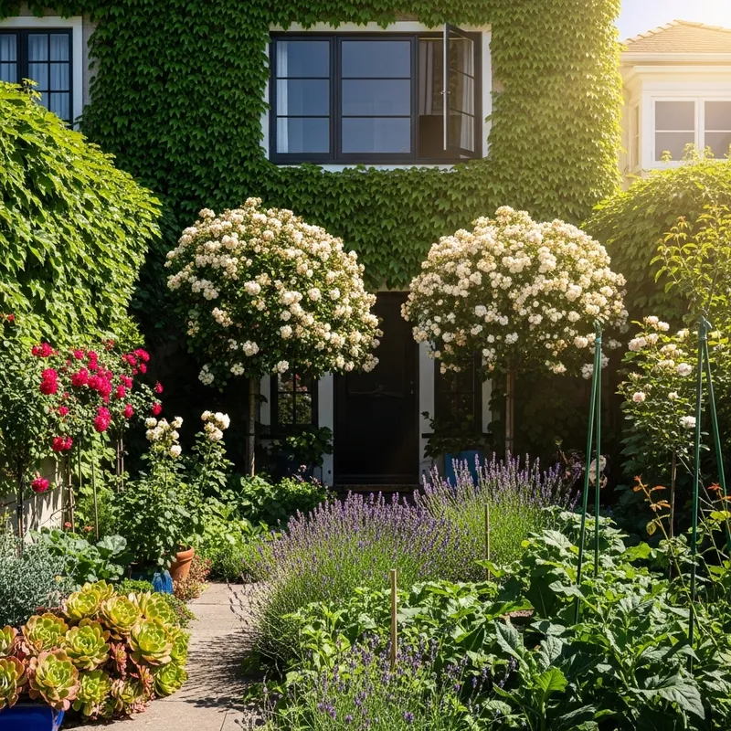 Sunny Home Garden with Unique Black Windows and Blooming Plants