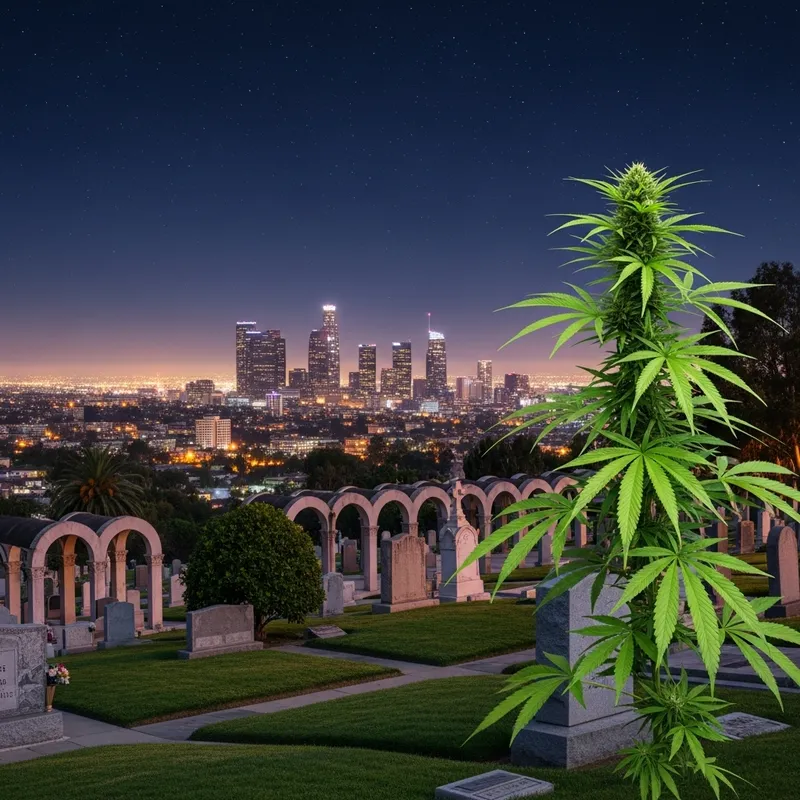 Los Angeles Night Cityscape with Cannabis Plant in Graveyard Los Angeles Night Cityscape with Cannabis Plant in Graveyard